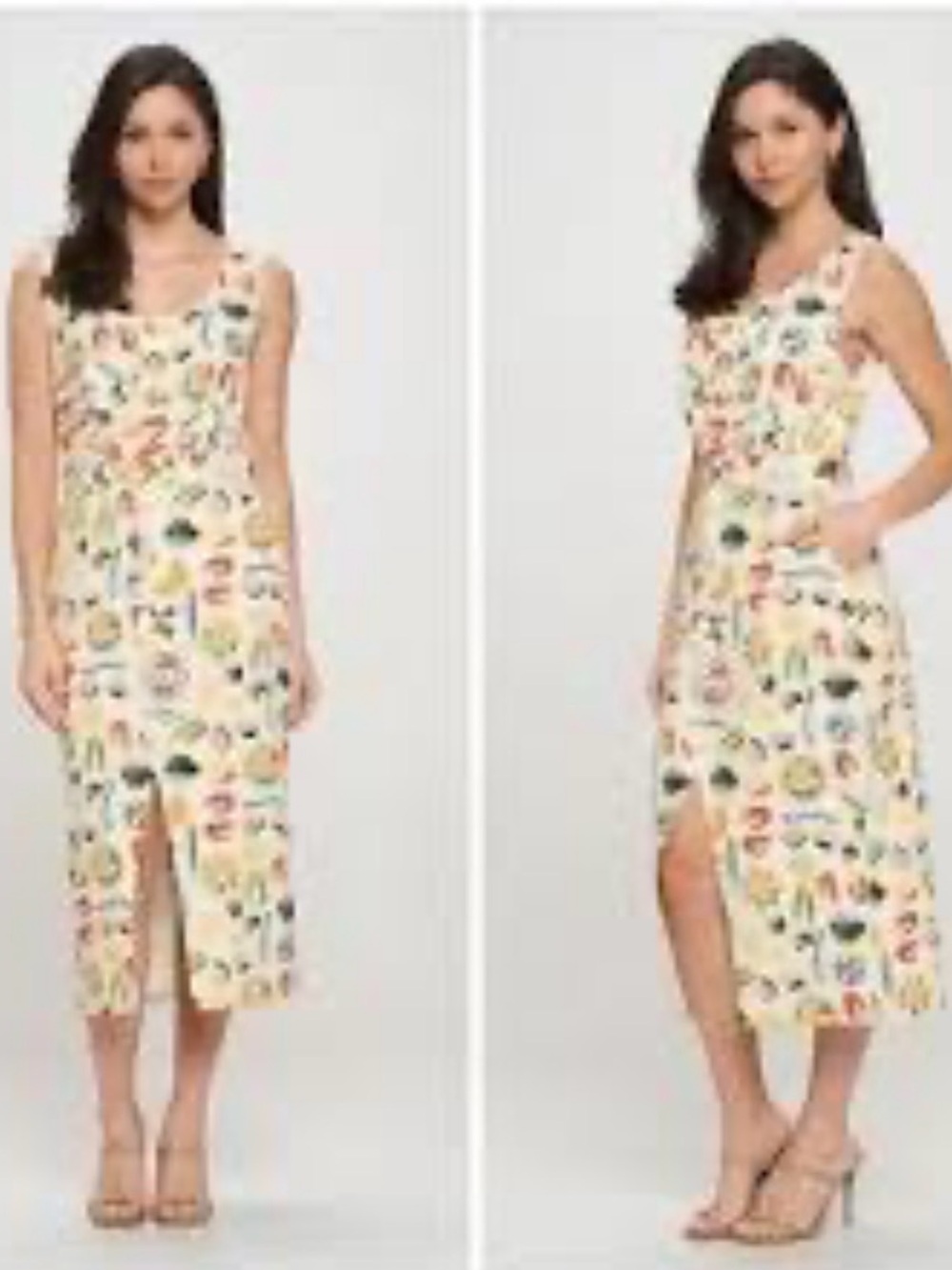 Sleeveless Cream Floral vegetable Midi Dress with Front Slit denim pockets